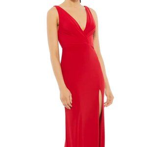 Mac Duggal Red V-Neck Cowl Back Surplice Knit Gown